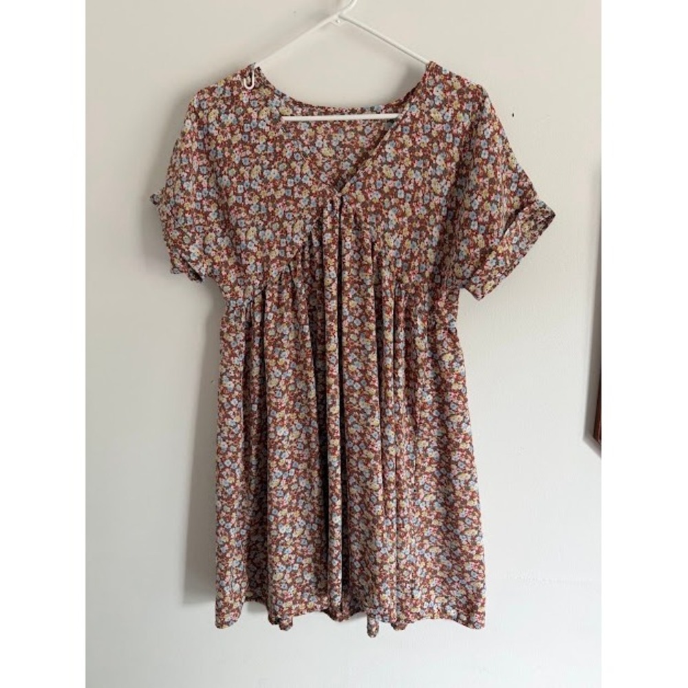 Boho Emery Rose Mini Dress Womens Medium Brown Floral Babydoll V-Neck